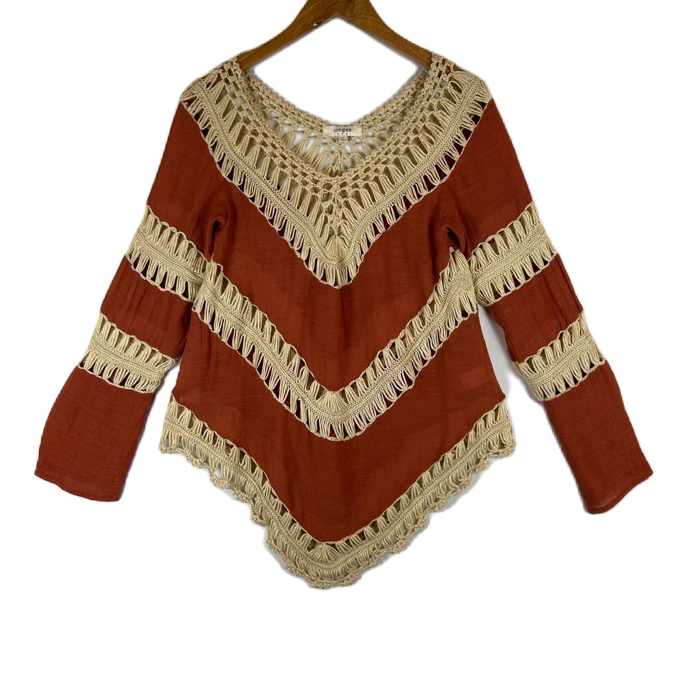 Umgee Rust Orange Crochet Sheer Boho Chevron‎ Long Sleeve Women's Top Small